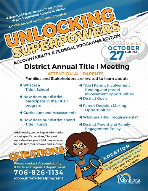 A flyer advertising the District Annual Title I Meeting on October 27 at 5:30p.m.